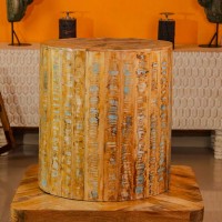 Reclaimed wood rustic round stool ottoman side table ethnic Indian home furniture
