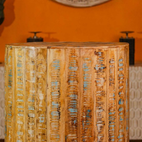 Reclaimed wood rustic round stool ottoman side table ethnic Indian home furniture