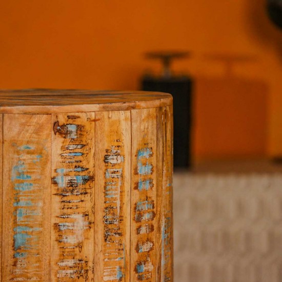 Reclaimed wood rustic round stool ottoman side table ethnic Indian home furniture