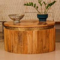 Round fluted wooden coffee table embossed brass strip ethnic Indian furniture