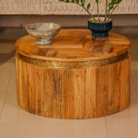Round fluted wooden coffee table embossed brass strip ethnic Indian furniture