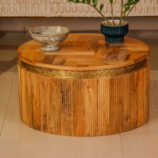 Round fluted wooden coffee table embossed brass strip ethnic Indian furniture