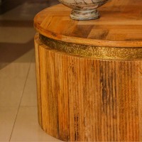Round fluted wooden coffee table embossed brass strip ethnic Indian furniture