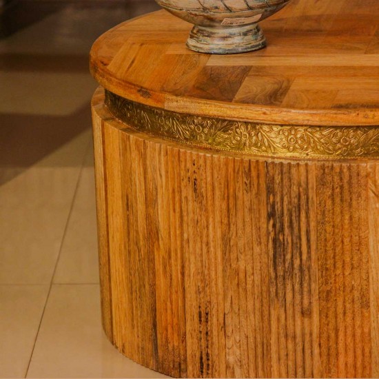 Round fluted wooden coffee table embossed brass strip ethnic Indian furniture