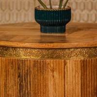 Round fluted wooden coffee table embossed brass strip ethnic Indian furniture