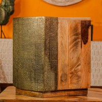 Handcrafted wooden stool embossed brass work natural finish Indian home furniture