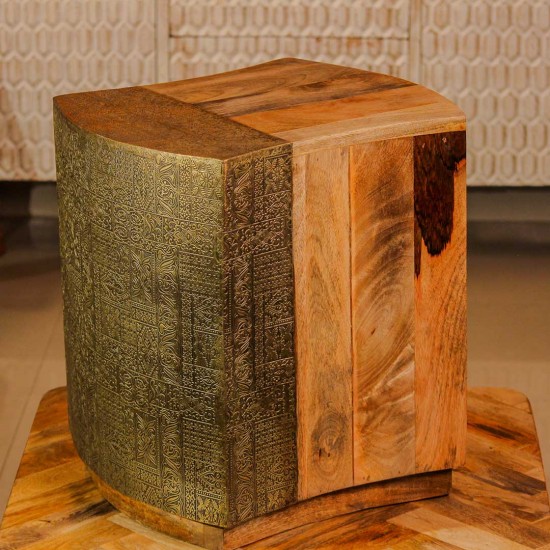 Handcrafted wooden stool embossed brass work natural finish Indian home furniture