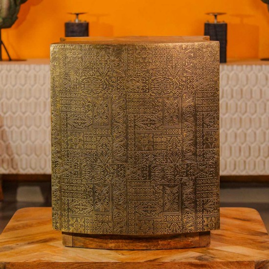 Handcrafted wooden stool embossed brass work natural finish Indian home furniture
