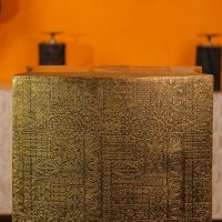 Handcrafted wooden stool embossed brass work natural finish Indian home furniture