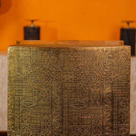 Handcrafted wooden stool embossed brass work natural finish Indian home furniture