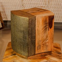 Handcrafted wooden stool embossed brass work natural finish Indian home furniture