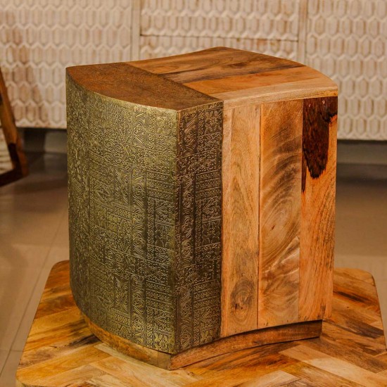 Handcrafted wooden stool embossed brass work natural finish Indian home furniture