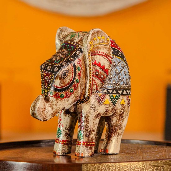 Hand painted wooden elephant white blue red Rajasthani folk art Indian decor