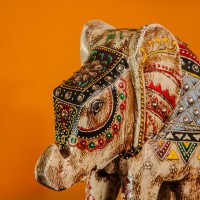 Hand painted wooden elephant white blue red Rajasthani folk art Indian decor