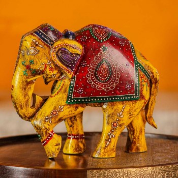 Hand painted wooden elephant yellow red Rajasthani folk art Indian decor