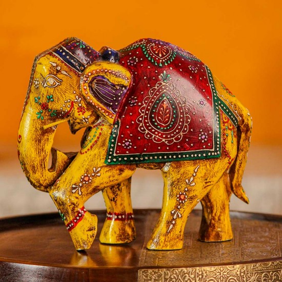 Hand painted wooden elephant yellow red Rajasthani folk art Indian decor