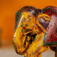Hand painted wooden elephant yellow red Rajasthani folk art Indian decor