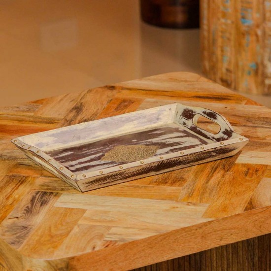 Handcrafted wooden serving tray distressed white maroon brass motif Indian decor