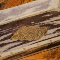 Handcrafted wooden serving tray distressed white maroon brass motif Indian decor