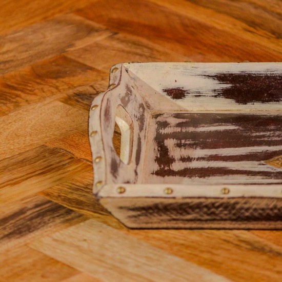 Handcrafted wooden serving tray distressed white maroon brass motif Indian decor