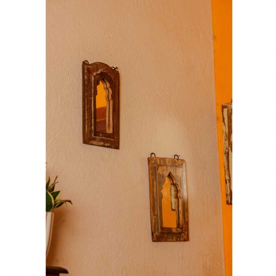 Distressed white reclaimed wooden wall mirror jharokha with rustic vintage finish