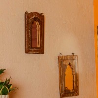 Dark polish reclaimed wooden wall mirror jharokha with vintage rustic finish