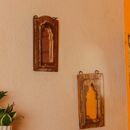 Dark polish reclaimed wooden wall mirror jharokha with vintage rustic finish