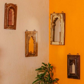 Small reclaimed wooden wall mirror jharokha with rustic dark finish and vintage character
