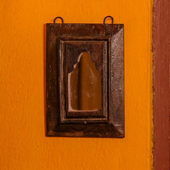 Small reclaimed wooden wall mirror jharokha with dark polished vintage finish
