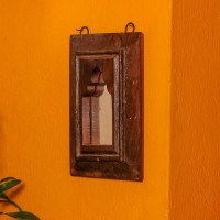 Small reclaimed wooden wall mirror jharokha with dark polished vintage finish