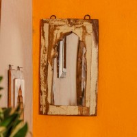 Distressed off white reclaimed wooden wall mirror jharokha with vintage rustic finish