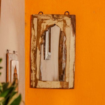 Distressed off white reclaimed wooden wall mirror jharokha with vintage rustic finish