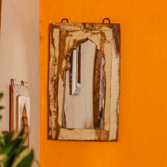 Distressed off white reclaimed wooden wall mirror jharokha with vintage rustic finish