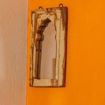 Distressed off white reclaimed wooden wall mirror jharokha with vintage rustic finish