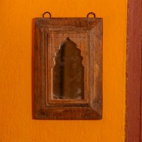 Small reclaimed wooden wall mirror jharokha with rustic dark finish and vintage character