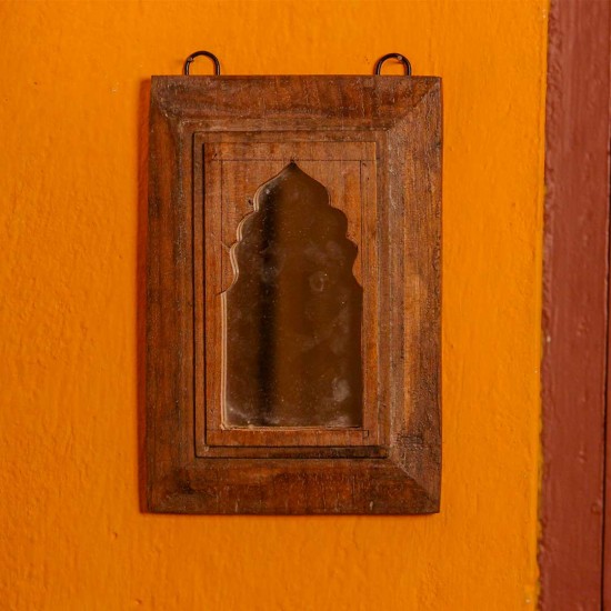 Small reclaimed wooden wall mirror jharokha with rustic dark finish and vintage character
