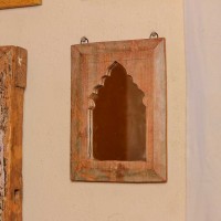Light finish reclaimed wooden wall mirror jharokha with rustic vintage character
