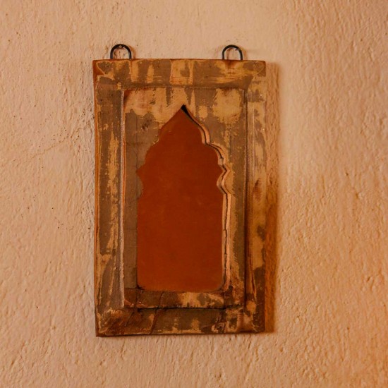 Distressed white reclaimed wooden wall mirror jharokha with rustic vintage finish