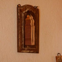 Dark polish reclaimed wooden wall mirror jharokha with vintage rustic finish