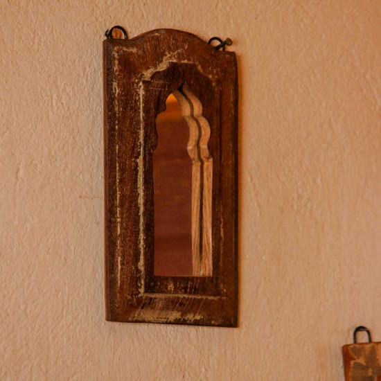 Dark polish reclaimed wooden wall mirror jharokha with vintage rustic finish