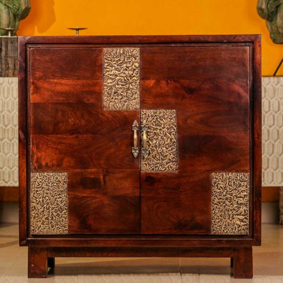 Premium dark wood two door cabinet with decorative embossed brass panels on the front