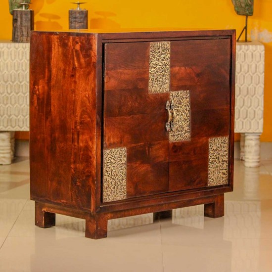 Premium dark wood two door cabinet with decorative embossed brass panels on the front