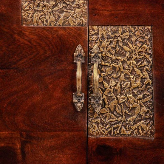 Premium dark wood two door cabinet with decorative embossed brass panels on the front