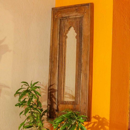 Large reclaimed wooden wall mirror jharokha with natural rustic wood finish
