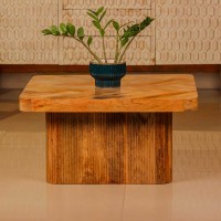 Wooden coffee table with chevron pattern tabletop and natural wood finish