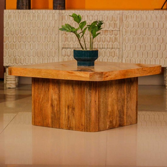 Wooden coffee table with chevron pattern tabletop and natural wood finish