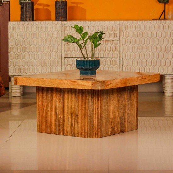 Wooden coffee table with chevron pattern tabletop and natural wood finish