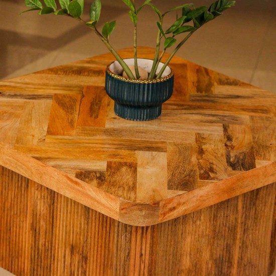 Wooden coffee table with chevron pattern tabletop and natural wood finish