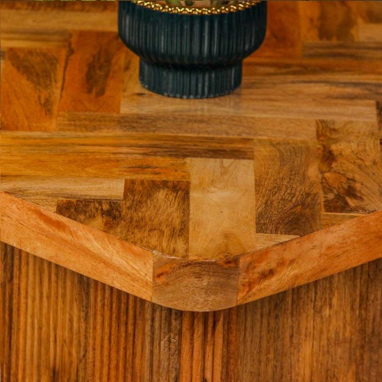 Wooden coffee table with chevron pattern tabletop and natural wood finish