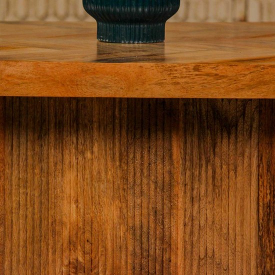 Wooden coffee table with chevron pattern tabletop and natural wood finish